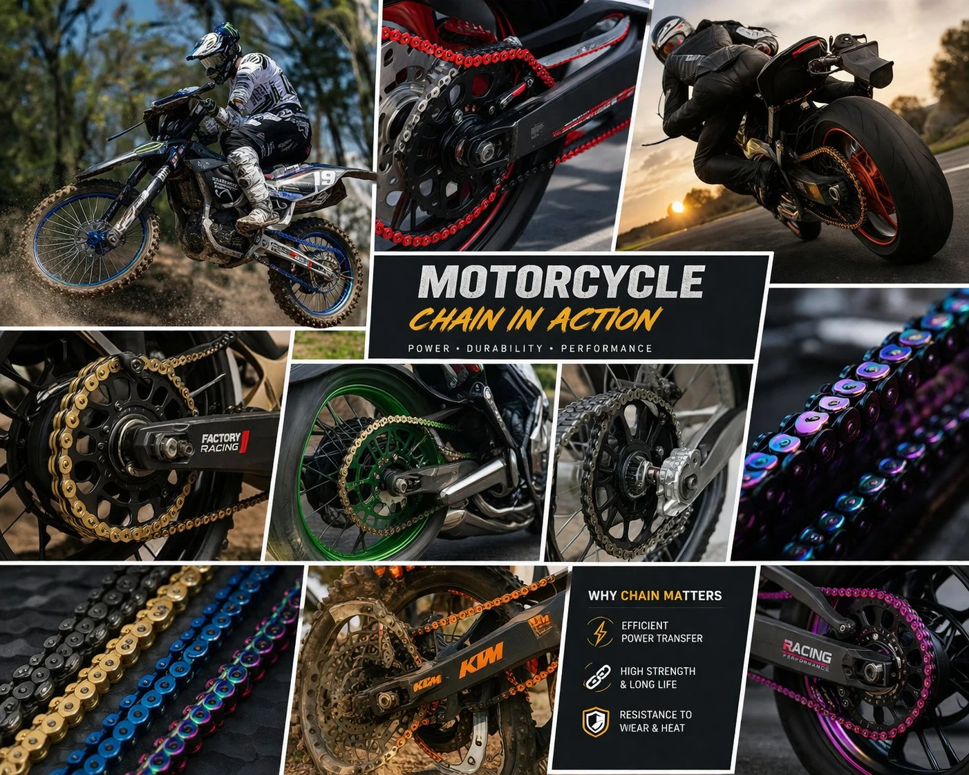 Výber reťaze na motocykel podľa aplikácie s rôznymi jazdnými podmienkami a požiadavkami na typ reťaze