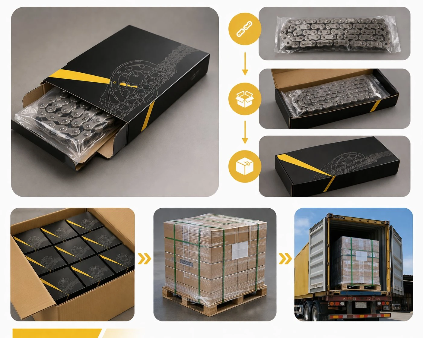 motorcycle chain packing and shipping export packaging commuter chain bulk order fleet supply